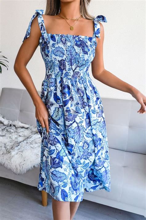 Floral Tie Shoulder Smocked Midi Dress Casual Dresses Midi Dress