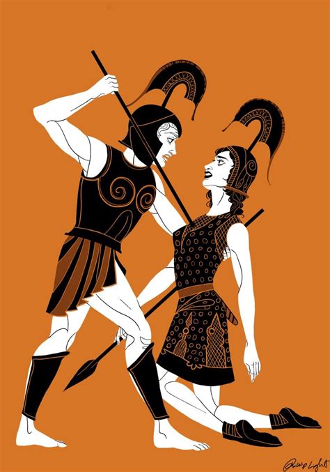 An Image Of Two People In Ancient Greek Costumes With Spears And Shield