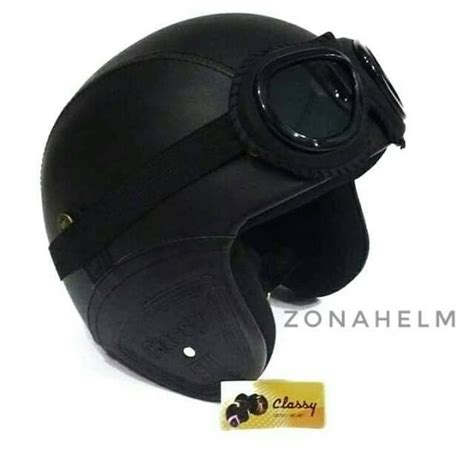 Jual Helm Klasik Kulit Hitam Polos Kacamata Google Retro Sni Dewasa