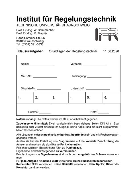 Altklausuren Grundlagen Der Regelungstechnik Vom Jahr 2018 2019