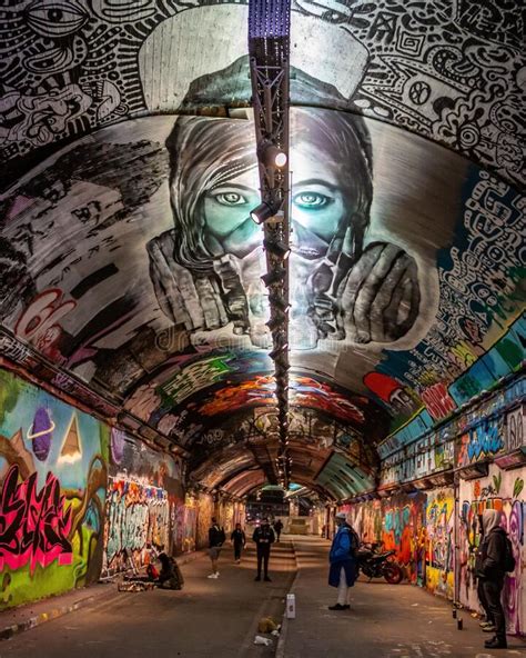 Vertical Shot Of The Graffiti Tunnel Of The Waterloo Station Leake