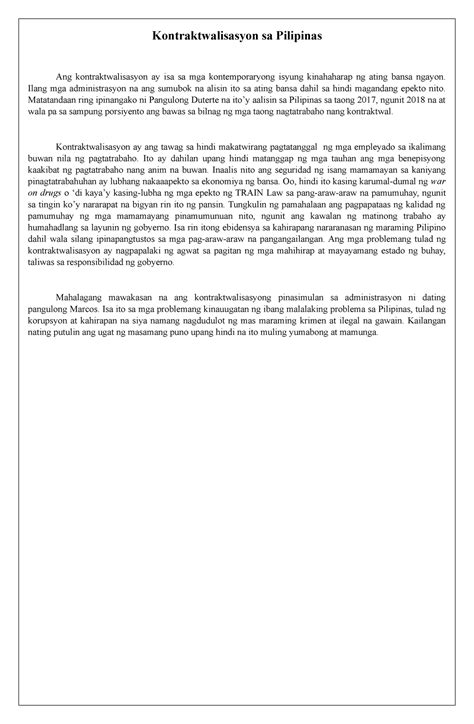 Filipino 02 Sanaysay Sa Napapanahong Isyu Kontraktwalisasyon Sa
