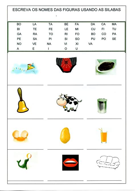 Escreva os nomes das figuras usando as sílabas Alfabetização Blog