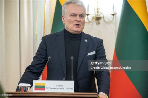 President of Lithuania Gitanas Nauseda during a press conference ...