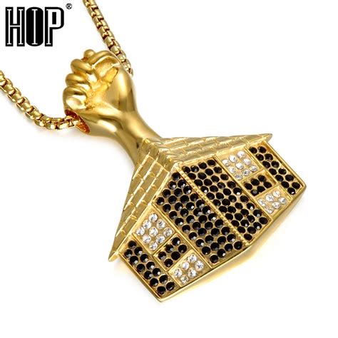 Hip Hop Bling Iced Out Rhinestone House Pendants Necklaces Gold Color