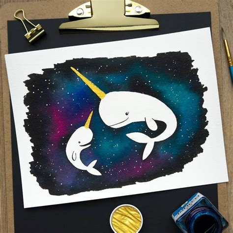 Narwhal Galaxy Art Watercolor Painting Narwhals Baby By Inkerbell