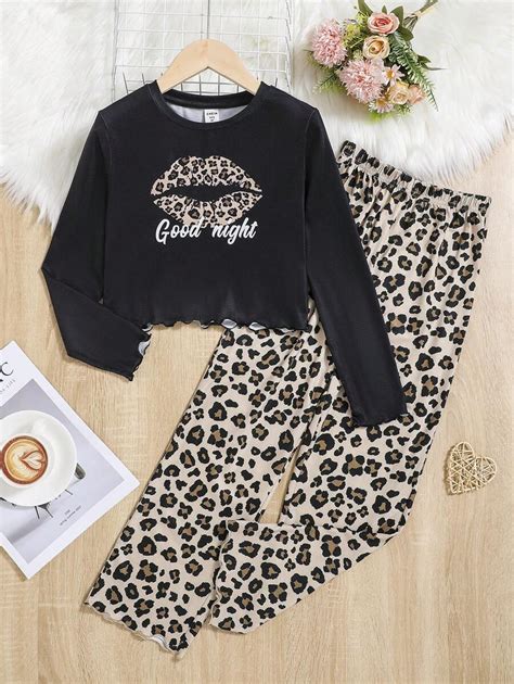 SHEIN Tween Girl Leopard Letter Graphic Lettuce Trim PJ Set SHEIN USA