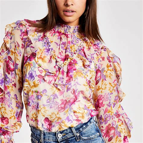 Pink Floral Frill Long Sleeve Blouse River Island Long Sleeve