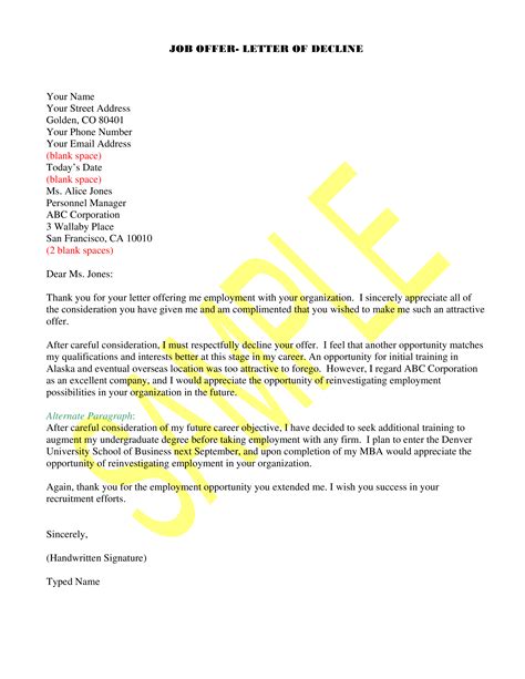 Job Offer Rejection Declining The Employment Opportunity Tips And Blank Template