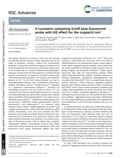 PDF A Coumarin Containing Schiff Base Fluorescent Probe With AIE