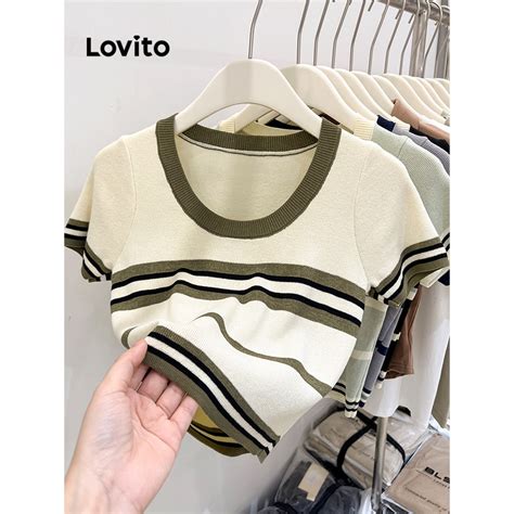 Lovito Casual Camiseta De Manga Curta Listrada Para Mulheres LNA21137