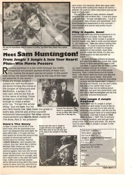 Sam Huntington teen magazine pinup clipping Jungle 2 Jungle shirtless Bop - Clippings