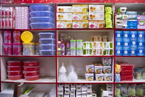 Colorful Varieties Plastic Houseware Products On The Supermarket Shelf