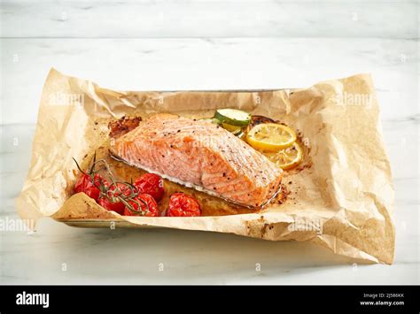 Roasted Salmon Filet And Vegetables On Oven Pan Stock Photo Alamy