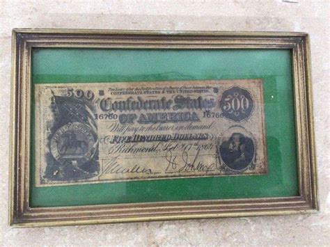 FRAMED CONFEDERATE MONEY $500 DOLLAR BILL - Currie Auction Service