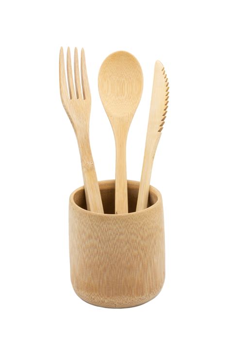 Spoon Fork Knife In Bamboo Wood Cup On Transparent Background Png File