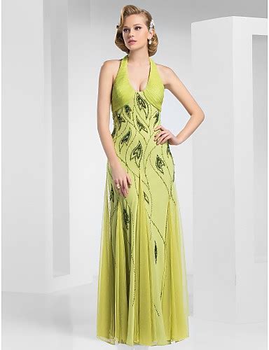 Sheath Column Halter Neck Floor Length Chiffon Tulle Dress With