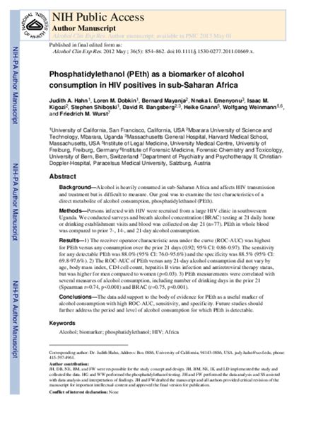 (PDF) Phosphatidylethanol (PEth) as a Biomarker of Alcohol Consumption ...