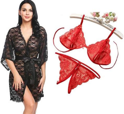 Iyaracollection Women Red Applique Lace Lingerie Robe Set JioMart