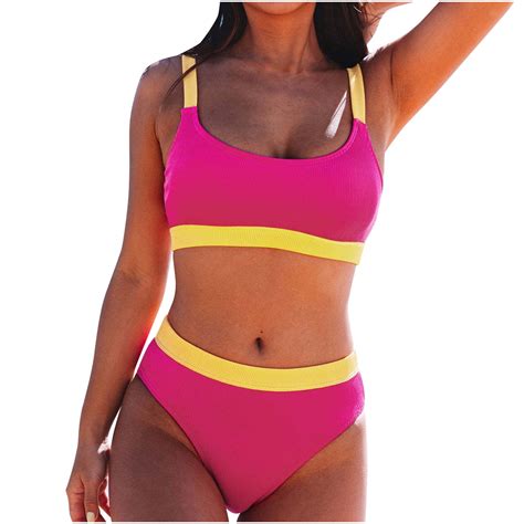 Women High Waisted 2 Piece Bikini Set Sports Color Block Swimsuit Scoop