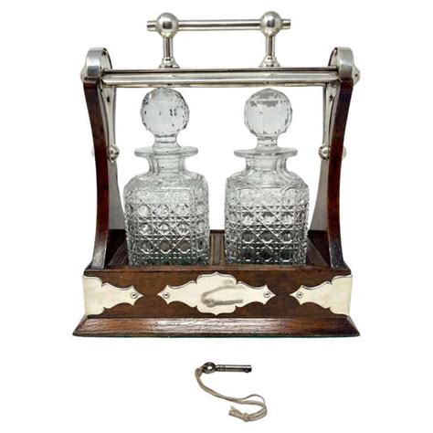 Antique English Silver Plate Mounted Oak And Crystal 2 Bottle Tantalus Circa 1880 For Sale At