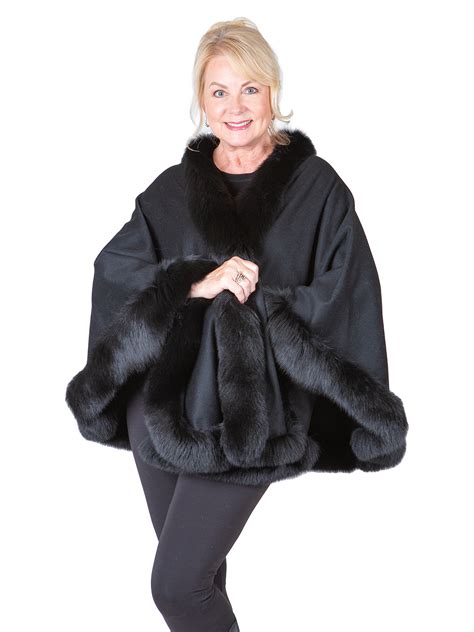 Black Cashmere Cape With Fox Fur Trim OSFA Estate Furs