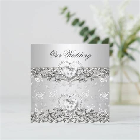 Elegant Wedding Silver White Diamond Heart Invitation Zazzle