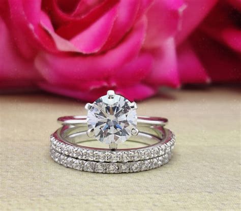 Three Piece Round Moissanite Bridal Ring Set Stackable Round Diamond