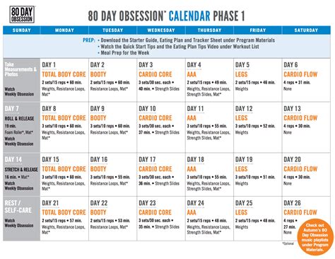 80 Day Obsession Calendar Printable Workout Schedule