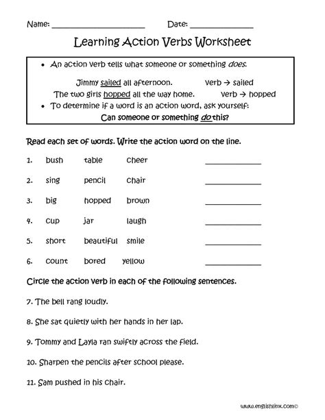 Second Grade Action Verbs Worksheet