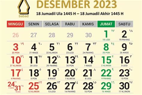 Kalender Jawa Desember 2023 Lengkap Dengan Weton Dan Hari Libur Nasional Babad Id