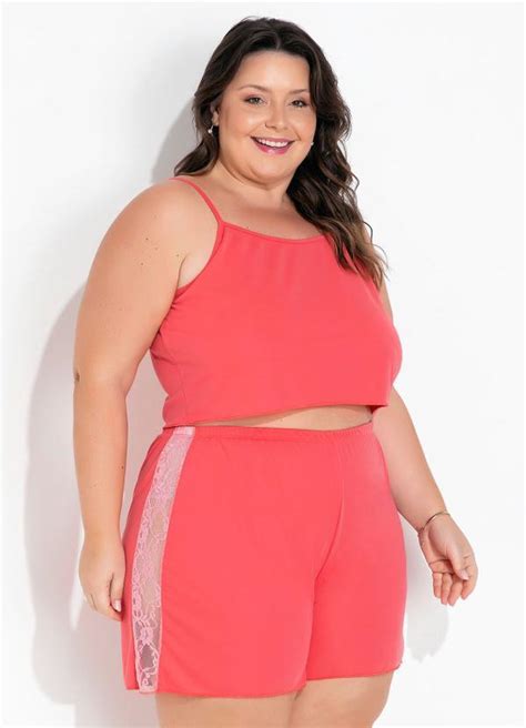 Marguerite Pijama Plus Size Coral Renda No Shorts