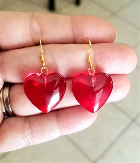 Ruby Red Glass Heart Earrings 14k Gold Red Heart Earrings Red Heart Jewelry Large Heart