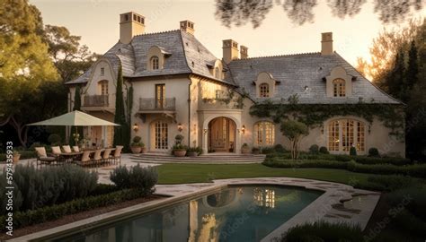 A luxurious French Country-style mansion set on a sprawling estate with ...