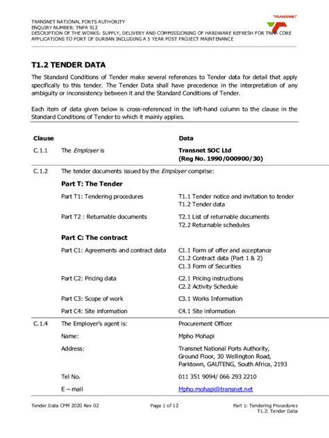 Fillable Online Transnet Soc Limited Tender No Tnpa Supply