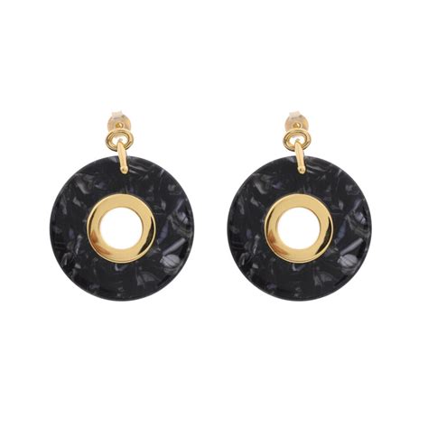 Boucles D oreilles Disque Argent Doré Et Acétate Noire Orus Bijoux