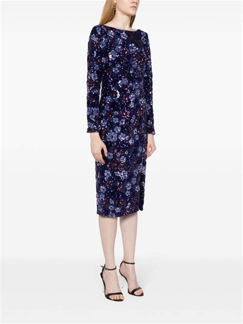 Marchesa Notte Sequinned Floral Embroidered Midi Dress Blue Farfetch