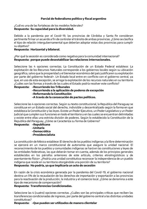 Preguntero Parcial Federalismo Politico Y Fiscal En Argentina