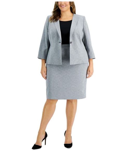 Le Suit Synthetic Plus Size 34 Sleeve Midi Skirt Suit In Grey Heather