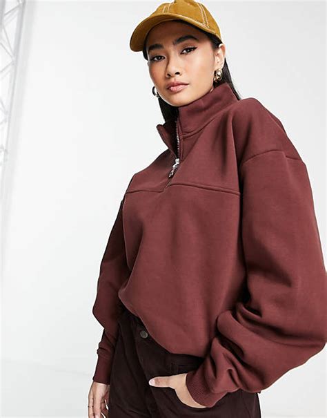 Asos Design Oversized Half Zip Sweatshirt In Brown Asos