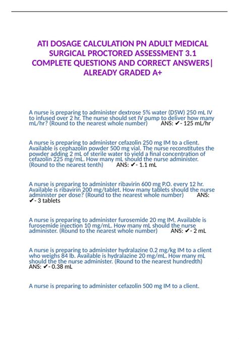 ATI DOSAGE CALCULATION PN ADULT MEDICAL SURGICAL PROCTORED ASSESSMENT 3
