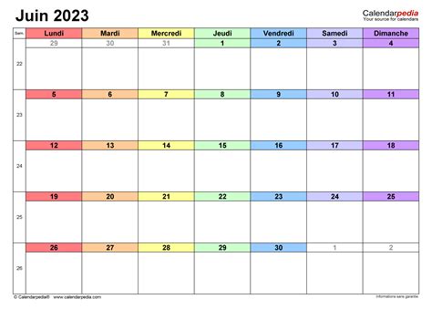 Calendrier Juin Excel Word Et Pdf Calendarpedia