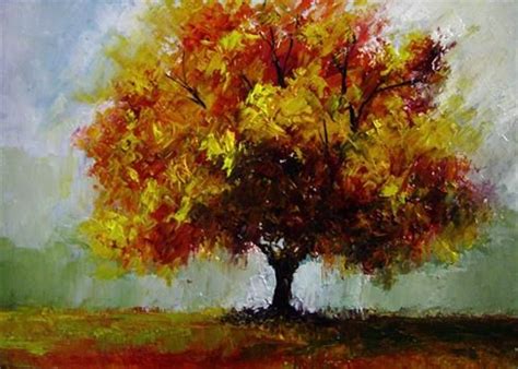 An Oil Painting Of A Tree With Yellow And Red Leaves