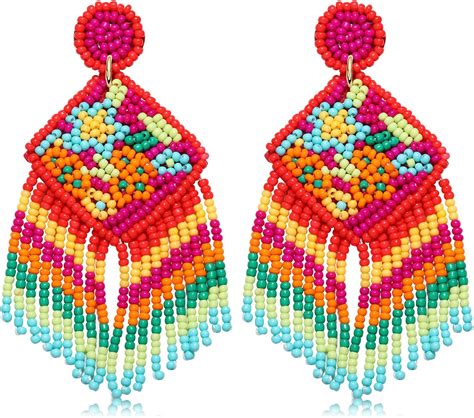 Long Beaded Tassel Earrings Multi Color Flower Fringe Drop Earrings For Women Mexico