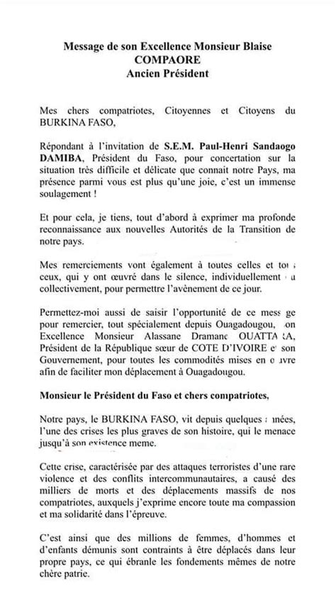 Infowakat La lettre de l ancien président Blaise Compaoré au