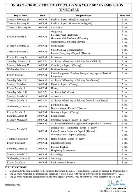 Date Sheet Class 12 2024 Isc Image To U