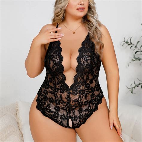 POTETI Plus Size Women Sexy Ligere Black Crotchless Pajama See Through