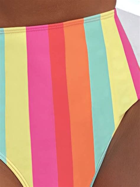 SHEIN Swim Vcay Rainbow Striped Bikini Set Cami Bra High Waisted