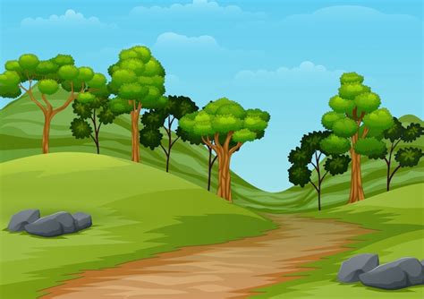 Paysage Dété De Dessin Animé Avec Sentier De La Forêt Vecteur Premium