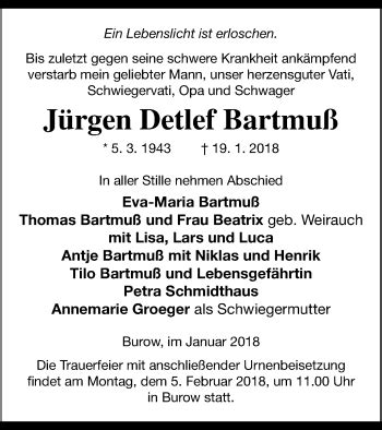 Traueranzeigen von Jürgen Detlef Bartmuß Trauer Nordkurier